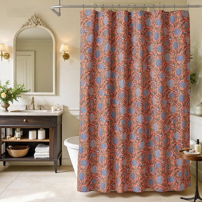 MUGINYU Boho Burnt Orange Floral Shower Curtain - 72x72 Inches,Cotton Blend Cloth Fabric, Botanical Coral Block Print Pattern for Rustic Farmhouse Frenchy Bathroom