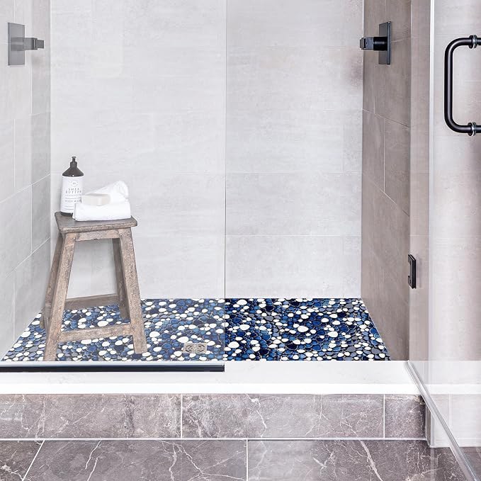 Pebble Ceramic Tiles 5 Sheets, Heart-Shaped 12x12 Floor Tile Ceramic, Dark Blue Mosaic Tiles Mesh Mounted, Waterproof Porcelain Tile Decorative for Kitchen Bath Backsplash Shower Floor Pool