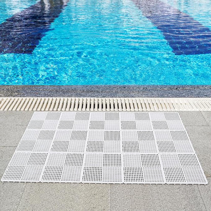 18 Pack Modular Interlocking Tiles Double Non-Slip 12"x12" White | 0.4" Thick with Drain Holes for Pool Deck Shower Garage Basement Boat Pet Area Wet Floors Easy Install