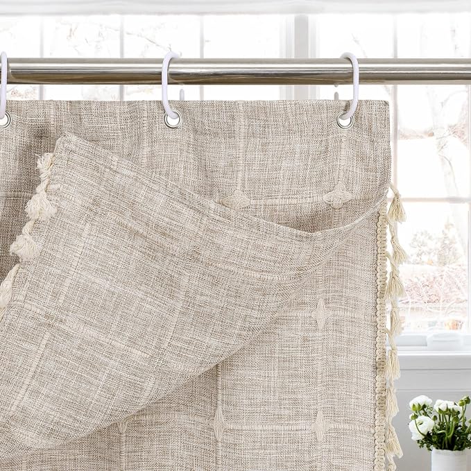 MitoVilla Tan Boho Double Swag Shower Curtain, Polyester Linen Fabric Shower Curtains for Farmhouse Bathroom Decor, Brown Cloth Shower Curtain Set with Hooks, 72 x 72