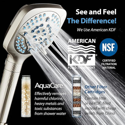 AquaCare 4X 10-Mode High Pressure Hand Shower w/Filter & 2-mode Power Wash | Filters Chlorine & Toxins, Softens Hard Water for Healthy Skin & Hair. Handheld Power Head Cleans Tub, Tile & Pets / Nickel