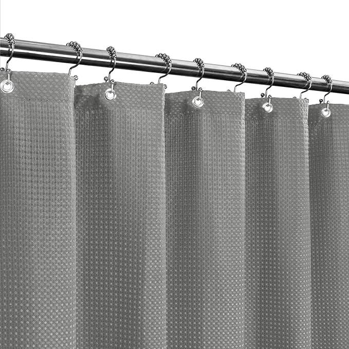 Barossa Design Extra Long Fabric Waffle Weave Shower Curtain 84 inch Height, Hotel Luxury Spa, 230 GSM Heavy Duty, Water Repellent, Machine Washable, Gray Pique Pattern, 71x84