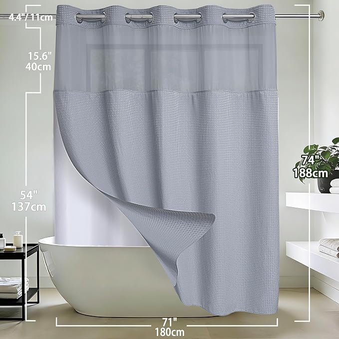 Conbo Mio No Hook Waffle Weave Shower Curtain with Snap in Liner Set, Hotel Luxury Grey Shower Curtains for Bathroom with See Through Top Window, Waterproof, Washable 71W x 74H