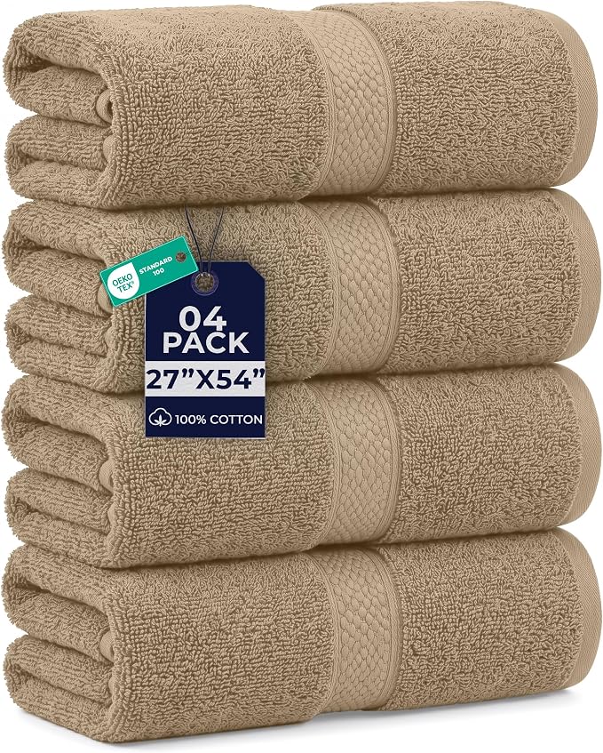 DAN RIVER 600 GSM Cotton Large Bath Towels Set of 4, 27 x 54 Inches, Tan | Larger & Lighter Weight Towels for Bathroom - Highly Absorbent & Quick Dry 100% Cotton Bath Towel Set for Home, Spa & Hotel