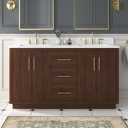60 Inch Bathroom Vanity with Double Sink, Solid Wood Frame with Engineered Marble Countertop, Fully-Assembled Vanity with Soft-Close Drawers, Adjustable Feets, Warm Elm