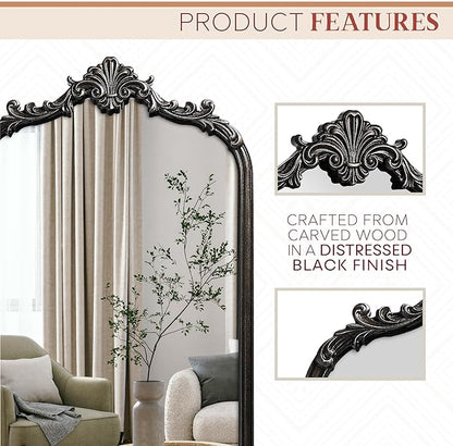 English Estate Carved Arch Wood Wall Mirror, Mirror for Entryway, Living Room, Bathroom, Distressed Black, 20.4x33