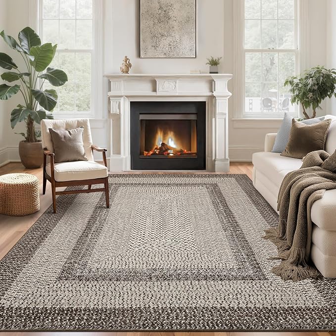 Imitation Braided Collection-Print 8x10 Living Room Area Rug Non-Slip Washable Rugs, Farmhouse Modern Large Bedroom Rugs Stain Resistant Ultra-Thin Foldable Floor Cover for Nursery Dining Room