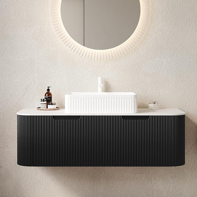 Yayzy 48" Floating Bathroom Vanity with Sink, Solid Wood Fluted Cabinet, White Fluted Square Ceramic Basin & Faux Marble Top, Soft-Close Drawer, Pre-Assembled, Gloss Black