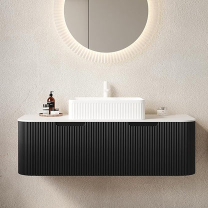 Yayzy 48" Floating Bathroom Vanity with Sink, Solid Wood Fluted Cabinet, White Fluted Square Ceramic Basin & Faux Marble Top, Soft-Close Drawer, Pre-Assembled, Gloss Black
