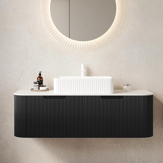 Yayzy 48" Floating Bathroom Vanity with Sink, Solid Wood Fluted Cabinet, White Fluted Square Ceramic Basin & Faux Marble Top, Soft-Close Drawer, Pre-Assembled, Gloss Black