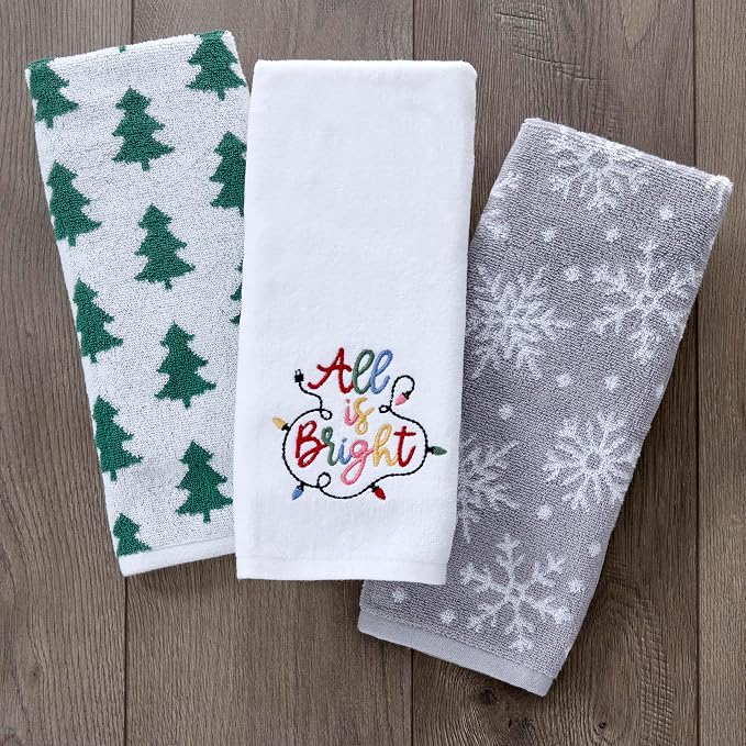 SKL Home Christmas/Winter All is Bright Hand Towel Set-2pc, Optic White | 100% Cotton. Soft, embroidered velour. Great for the bathroom, kitchen or bar & holiday gifting.