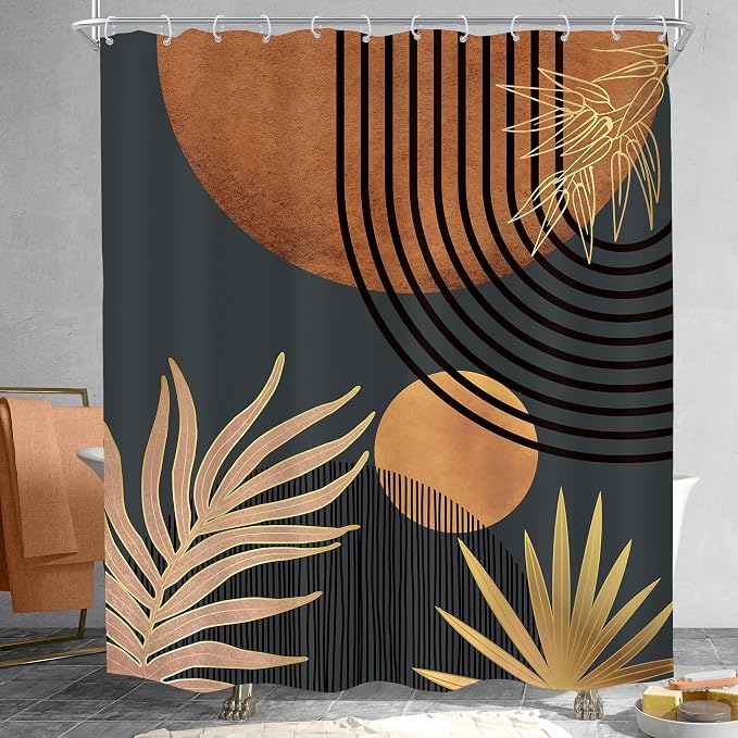 Mid Century Brown Black Boho Abstract Modern Bathroom Shower Curtain Set | 60Wx72L Plant Botanical design, waterproof HD print with fast-drying fabric and 12 hooks.