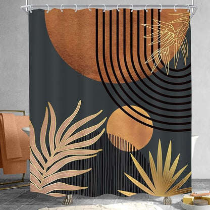 Mid Century Brown Black Boho Abstract Modern Bathroom Shower Curtain Set | 60Wx72L Plant Botanical design, waterproof HD print with fast-drying fabric and 12 hooks.