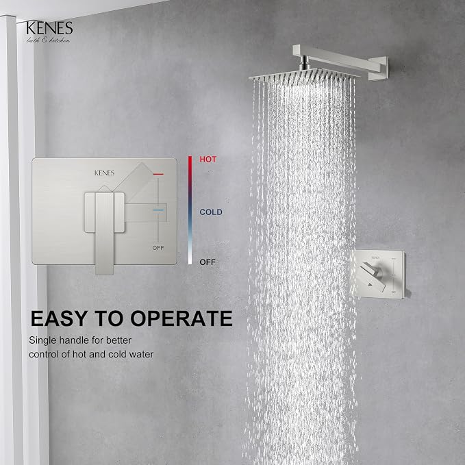 KENES Brushed Nickel Shower Head and Handle Set, Square Shower Faucet Set | Shower Faucet with 10-Inch Rain Shower Head, Square Shower System, Valve Included, Lead-Free cUPC & NSF Certified, Stainless