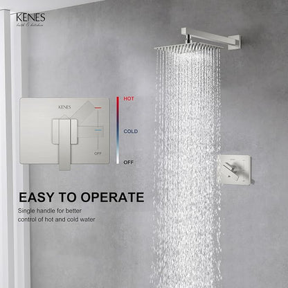 KENES Brushed Nickel Shower Head and Handle Set, Square Shower Faucet Set | Shower Faucet with 10-Inch Rain Shower Head, Square Shower System, Valve Included, Lead-Free cUPC & NSF Certified, Stainless