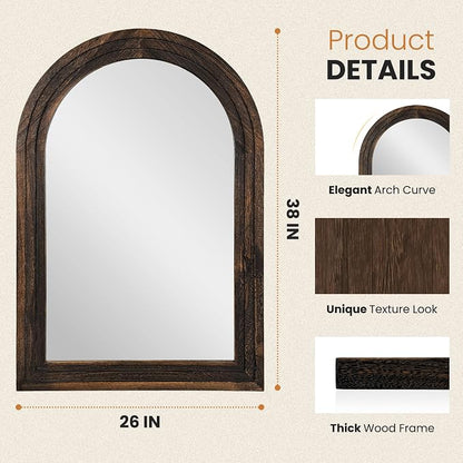Arched Bathroom Mirror, 38"x26" Brown Wood Frame Wall Mirror | Farmhouse Vintage Vanity Mirror with Layered Frame for Entryway, Living Room, Bedroom