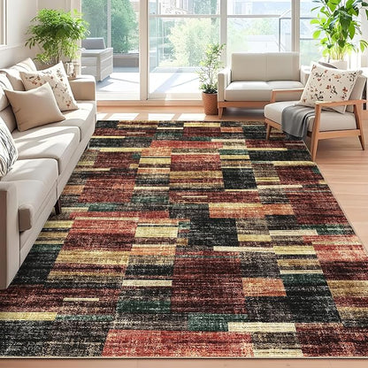 Washable Area Rug 9x12 Rug for Living Room Geometric Modern Bedroom Rug Red Large Area Rug Non Slip Throw Rugs Soft Low Pile Stain Resistant Carpet for Dorm Nursery Dining Room 9'x12'