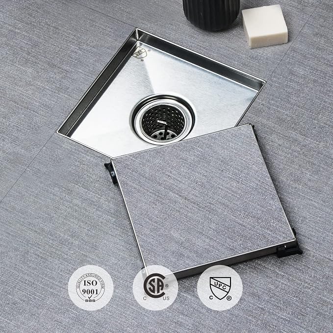 SaniteModar Shower Drain 6 inch Brushed with 2 in1 Tile Insert Cover | 304 Stainless Steel Brushed Square Shower Drain with Hair Catcher and Threaded Adapter