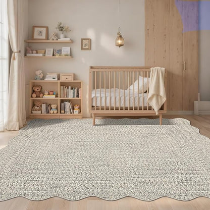 Imitation Braided Collection-Print Living Room Rug 5x7 Washable Rug for Bedroom Scalloped Non Slip Small Soft Throw Rugs Low Pile Stain Resistant Carpet for Entryway Office Nursery Dining Room