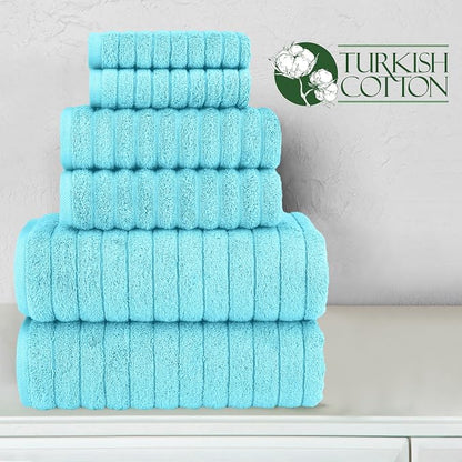 Elegant Comfort 100% Turkish Cotton Corduroy Ribbed Luxury Bath Towels 6-Piece Set, Premium Feel - Quick Dry, Highly Absorbent, Contains 2 Bath Towels, 2 Hand Towels, and 2 Washcloths, Aqua