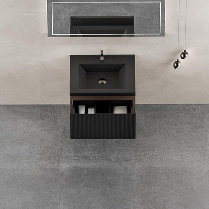 24'' Floating Bathroom Vanity with Sink Combo, Modern Wall-Mounted Striped Bathroom Storage Cabinet with Soft-Close Drawers and Black Quartz Sand Basin, No Assembly Required