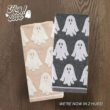 SKL Home Halloween Ghost Hand Towel Set-2pc, 100% Cotton Jacquard, Tan | Plush, absorbent & reversible. Great for use in the bathroom, kitchen, or bar & gifting.
