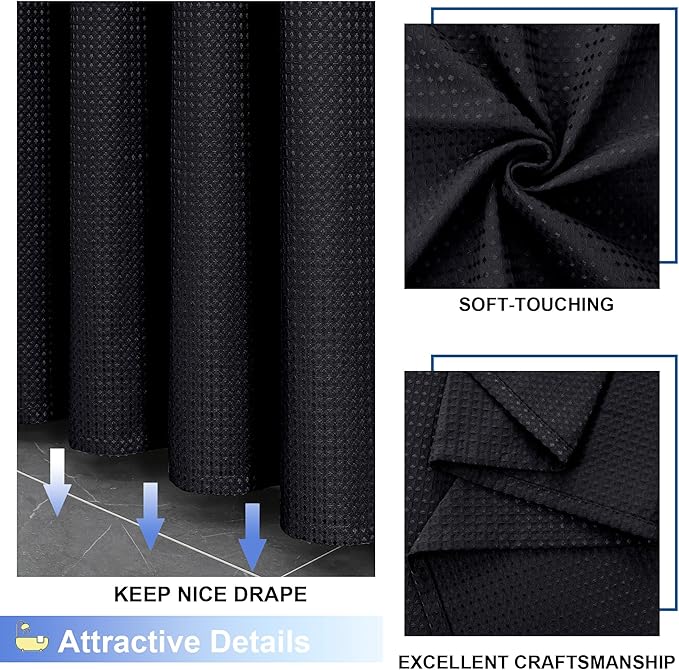 OVZME Long Fabric Shower Curtain Set, Waffle Textured Shower Curtain for Bathroom - Weight 230GSM Heavy Duty Hotel Spa Luxury Bath Curtain Set with 12 Plastic Hooks, 72x78, Black