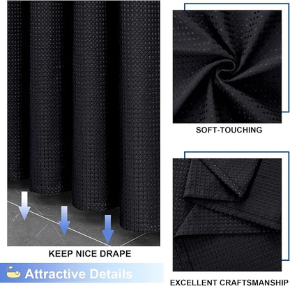 Black Shower Curtain Set, Waffle Textured Heavy Duty Fabric Shower Curtain for Bathroom, Luxury Hotel Weighted 230GSM Bath Curtain with 12 Plastic Hooks, Machine Washable, 72x72