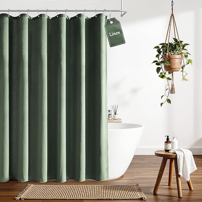 Extra Long Linen Shower Curtain for Bathroom 90 Inch Olive Green | Weighted Tall Bath Curtains with Hooks, Water Repellent, Neutral Boho Farmhouse, Simple Luxury Shower Decor, 1 Panel, 72x90