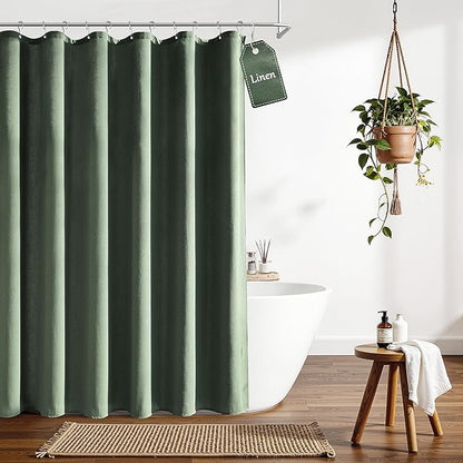 Extra Long Linen Shower Curtain for Bathroom 90 Inch Olive Green | Weighted Tall Bath Curtains with Hooks, Water Repellent, Neutral Boho Farmhouse, Simple Luxury Shower Decor, 1 Panel, 72x90
