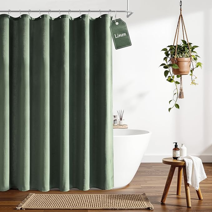 Linen Shower Curtain for Bathroom 72x72 Inch 1 Panel Olive Green | Weighted Fabric Shower Curtains with Hooks, Water Repellent, Neutral Rustic Boho Farmhouse, Simple Luxury Bath Curtain Decor