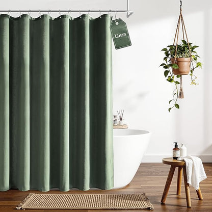 Extra Long Linen Shower Curtain for Bathroom 84 Inch Olive Green | Weighted Tall XL Bath Curtain with Hooks, Water Repellent, Neutral Boho Farmhouse, Simple Luxury Shower Decor, 1 Panel, 72x84