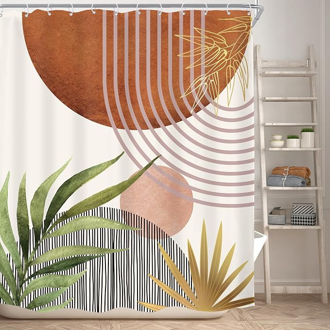 Mid Century Green Boho Abstract Modern Brown Bathroom Shower Curtain Set | 60Wx72L Plant Botanical design, waterproof HD print with fast-drying fabric and 12 hooks.
