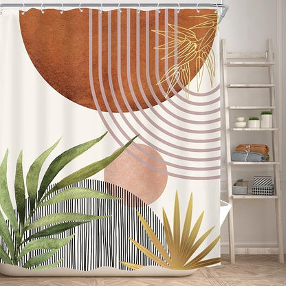 Mid Century Green Boho Abstract Modern Brown Bathroom Shower Curtain Set | 60Wx72L Plant Botanical design, waterproof HD print with fast-drying fabric and 12 hooks.
