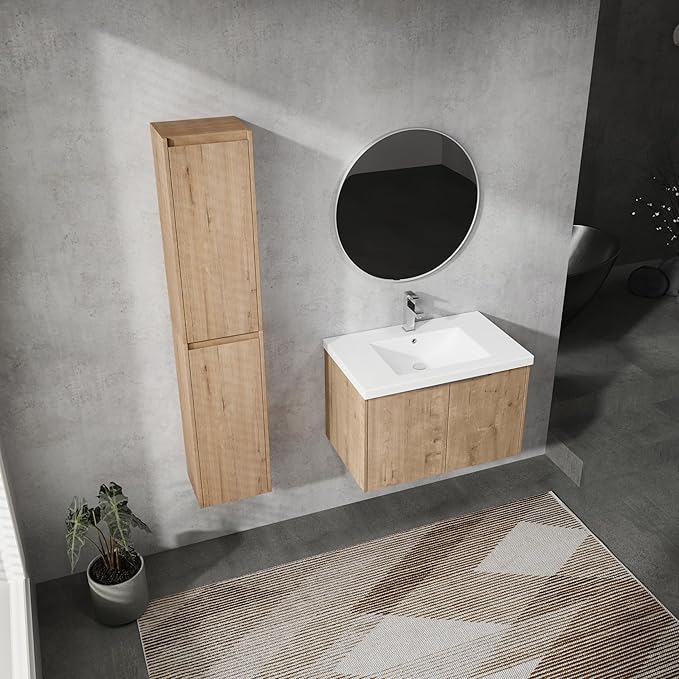 Henf 30" Floating Bathroom Vanity with Sink for Compact Space, Brown Wall Mount Bathroom Vanity Cabinet with Sink Combo, 30 Inch Bathroom Vanities Set with 2 Floating Cabinet