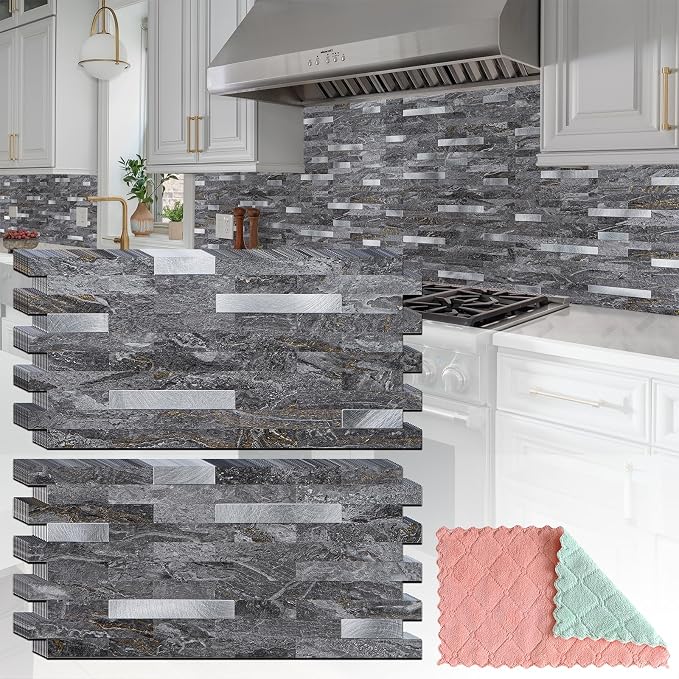 StyloVue 2 Sheets Peel and Stick Backsplash for Kitchen, Gray-Gold Stone with Metal Silver Look Stick on Tile Upgrade Your Kitchen Backsplash, RV, Fireplace