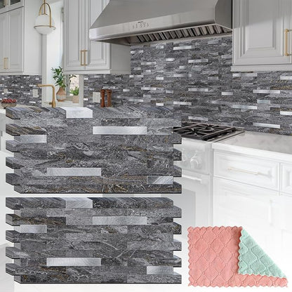 StyloVue 20 Sheets Peel and Stick Backsplash for Kitchen, Gray-Gold Stone with Metal Silver Look Stick on Tile Upgrade Your Kitchen Backsplash, RV, Fireplace