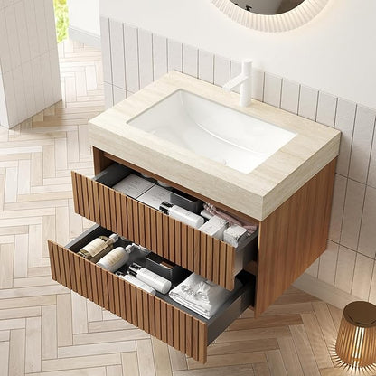 30'' Floating Bathroom Vanity with Sink, Wall Mounted Modern Cabinet W/Travertine-Pattern Sintered Top, Plywood & Solid Wood, Pre-Assembled with Undermount Ceramic Basin, Espresso Woodgrain