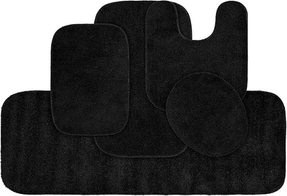 Garland Rug Traditional Nylon Washable Black 5 Piece Set - Lid, Contour, 3 Bath Rugs - Soft, Absorbent, and Stylish for Your Bathroom