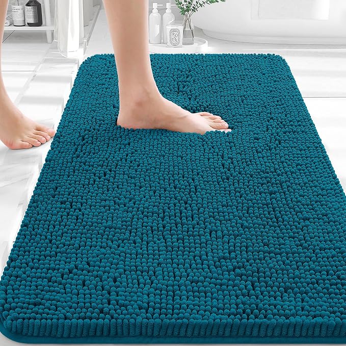 OLANLY Bathroom Rugs 30x20, Extra Soft Absorbent Chenille Bath Rugs | Peacock Blue, Quick-Drying Rubber Backing, Washable Bath Mat for Bathroom Floor, Tub and Shower, Home Decor Accessories