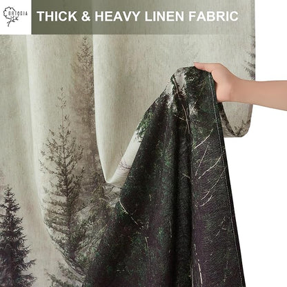 ORTIGIA Green Misty Forest Linen Shower Curtain Nature Mountain Tree Woodland Shower Curtain Set for Bathroom Heavy Blend Fabric Curtains with 12 Metal Hooks 72x72 Inch