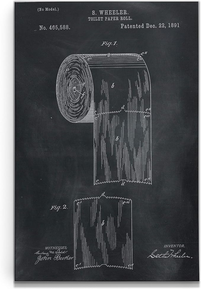 Renditions Gallery Toilet Paper Patent Drawing Gallery Wrapped Canvas Wall Art, 18x27, Black Chalkboard