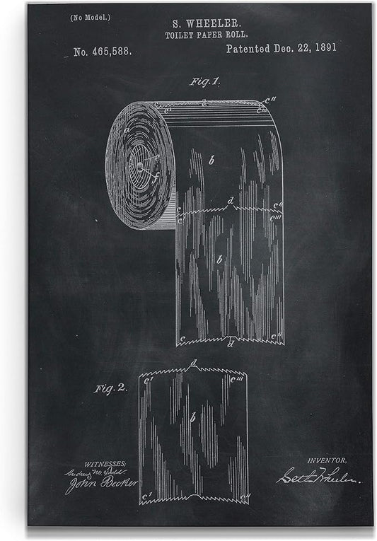 Renditions Gallery Bathroom Canvas Wall Art Toilet Paper Patent Drawing Prints Wall Decor, 12" H x18 W, Black Chalkboard (WC03-IHB23-R)
