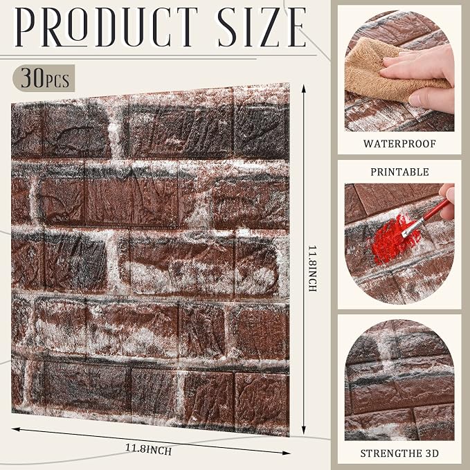 30 Pcs 3D Wall Panels Peel and Stick Wallpaper Foam, Red Brick | Faux Brick Stone Tiles, Covering 28.8-48.4 Sq ft, Self Adhesive Waterproof Panels for Bedroom Living Room Kitchen Walls
