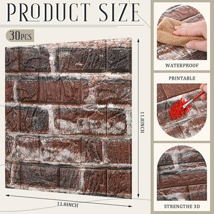 30 Pcs 3D Wall Panels Peel and Stick Wallpaper Foam, Red Brick | Faux Brick Stone Tiles, Covering 28.8-48.4 Sq ft, Self Adhesive Waterproof Panels for Bedroom Living Room Kitchen Walls