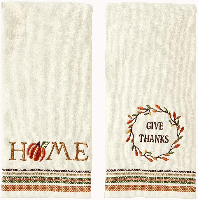 SKL Home Fall/Thanksgiving Give Thanks/Home Hand Towel Set-2pc, Natural | 100% Cotton. Soft, decorative velour with embroidery. For use in the bathroom, kitchen or bar & gifting.