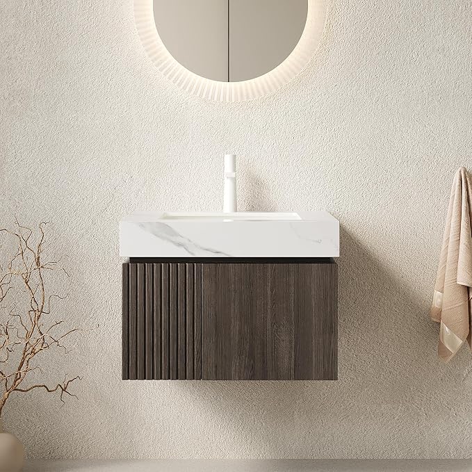 KEIKI 24 Inch Floating Bathroom Vanity with Sink, Espresso & White | Modern Wall Mounted Storage Cabinet with 2 Doors, Pre-assembled Wood Panels, Sintered Stone Top & Ceramic Basin Combo Set