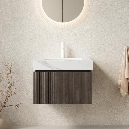 KEIKI 24 Inch Floating Bathroom Vanity with Sink, Espresso & White | Modern Wall Mounted Storage Cabinet with 2 Doors, Pre-assembled Wood Panels, Sintered Stone Top & Ceramic Basin Combo Set