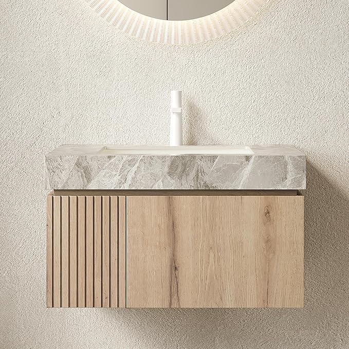 30” Floating Bathroom Vanity with Sink, Wall-Mounted Cabinet with Drawer & Doors, Gray Travertine-Pattern Sintered Stone Top, Undermount Basin, Single Faucet Hole, Soft-Close, Pre-Assembled, Light Oak