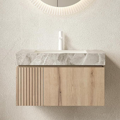 30” Floating Bathroom Vanity with Sink, Wall-Mounted Cabinet with Drawer & Doors, Gray Travertine-Pattern Sintered Stone Top, Undermount Basin, Single Faucet Hole, Soft-Close, Pre-Assembled, Light Oak